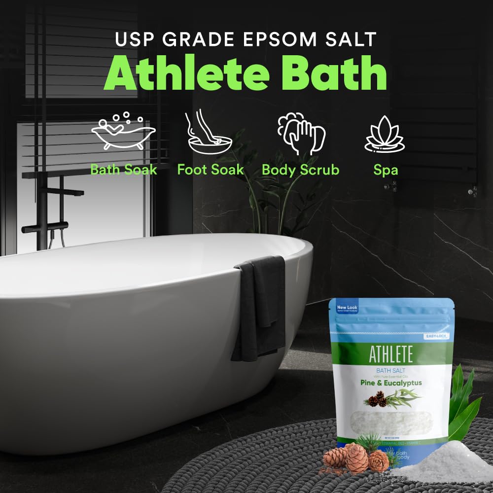 Athlete Bath Salt 2 Pounds (32 Ounces) - Epsom Salt Bath Soak With Pine & Eucalyptus Essential Oil Plus Vitamin C - All Natural No Perfumes No Dyes - Post Workout Soak For Tired Sore Muscles