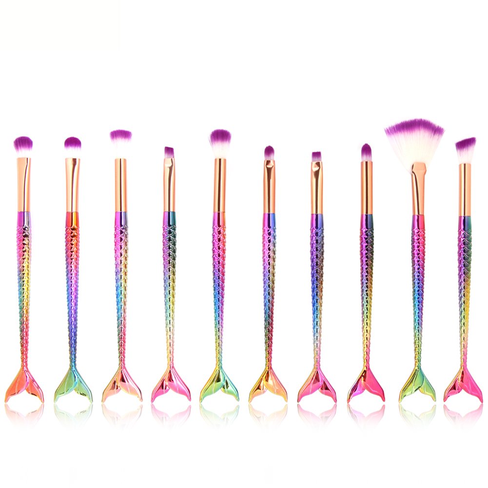 LHEI New 10 Pcs Mermaid Makeup Brush Set Professional Eye Makeup Brushes For Eyeshadow Concealer Eyeliner Brow Blending Brush Tool