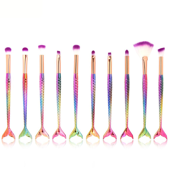 LHEI New 10 Pcs Mermaid Makeup Brush Set Professional Eye Makeup Brushes For Eyeshadow Concealer Eyeliner Brow Blending Brush Tool