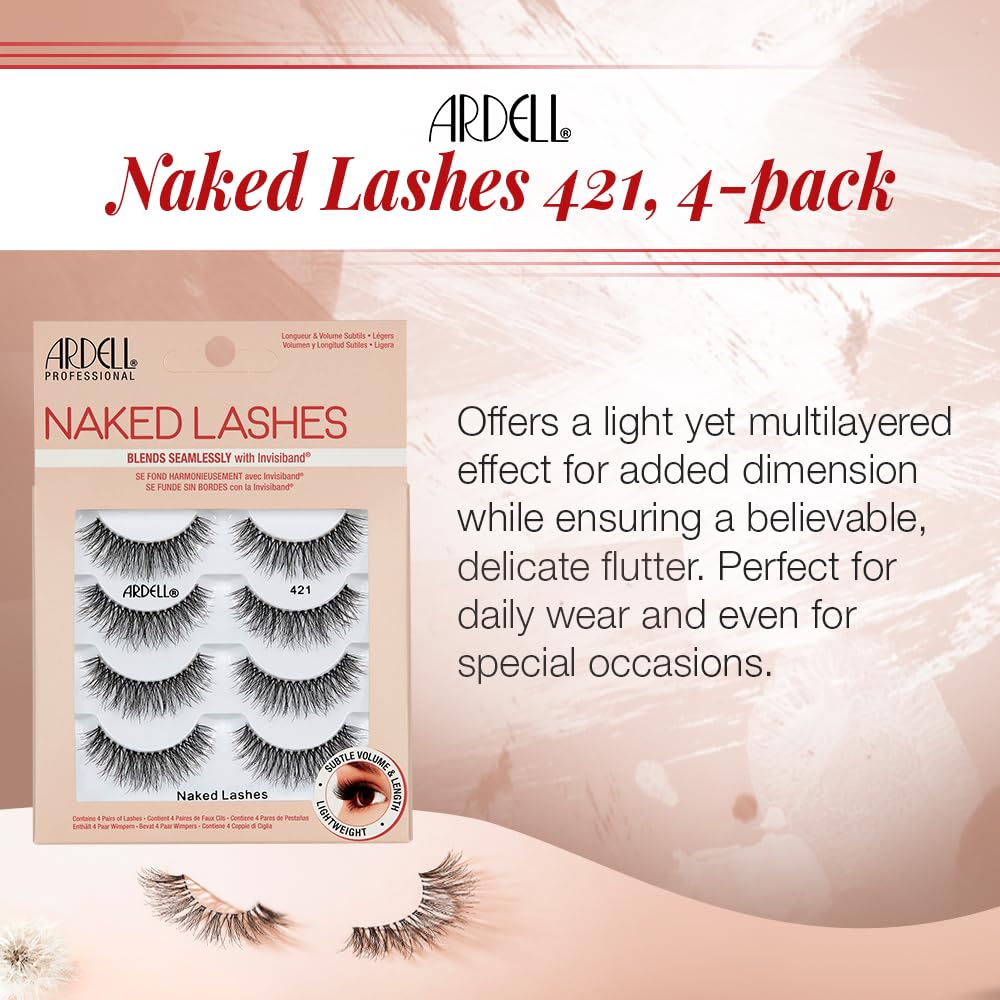 Ardell Naked Strip Lashes 421 – Natural-Looking, Long-Lasting False Eyelashes with Invisiband for Seamless Blend, 4 Pairs, 1-Pack
