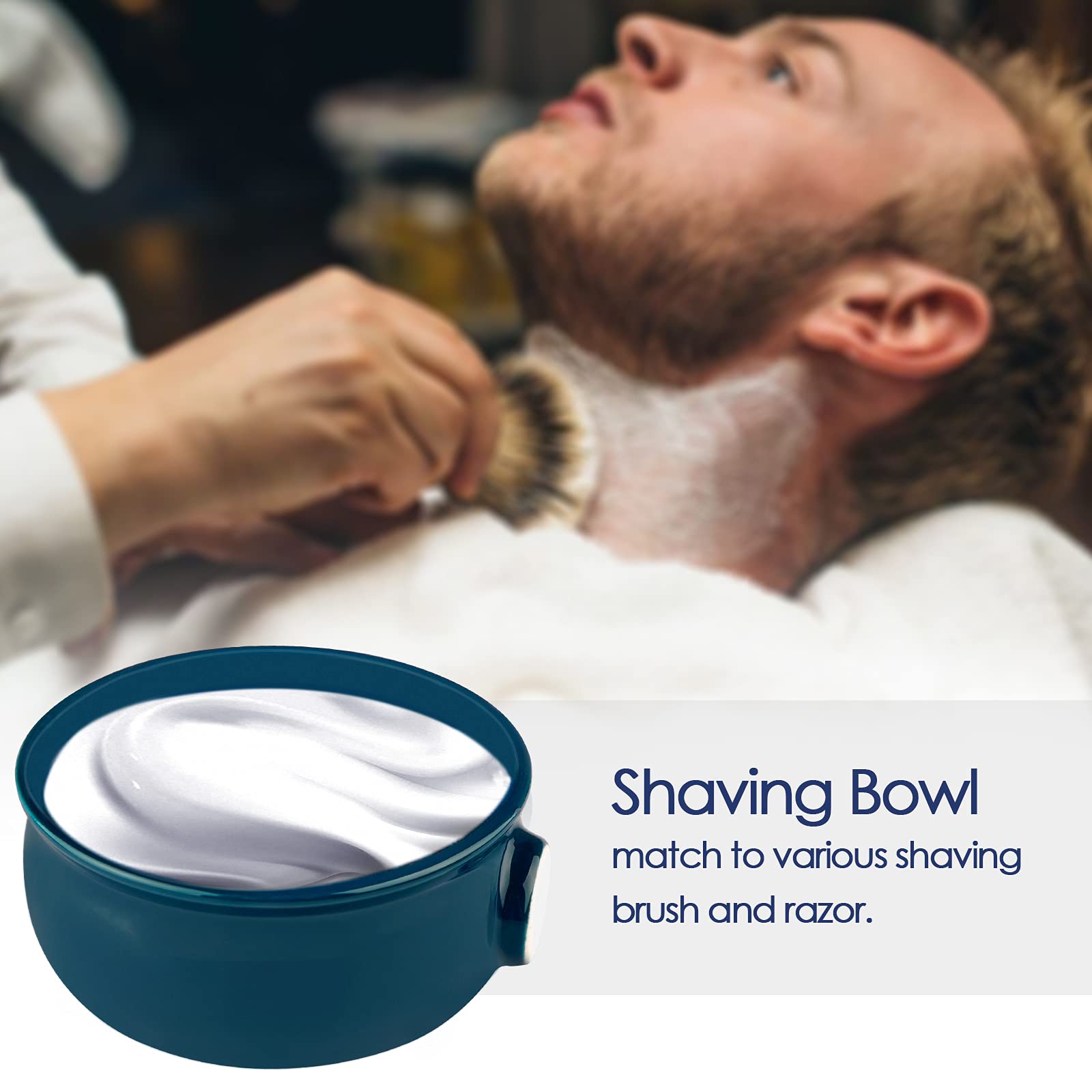 Linkidea Ceramic Shaving Soap Bowl with Non-slip Handle, Wide Mouth, Large Capacity, Easier to Lather Ridges, Wet Razor Shave Cream Bowl for Men, Lake Blue