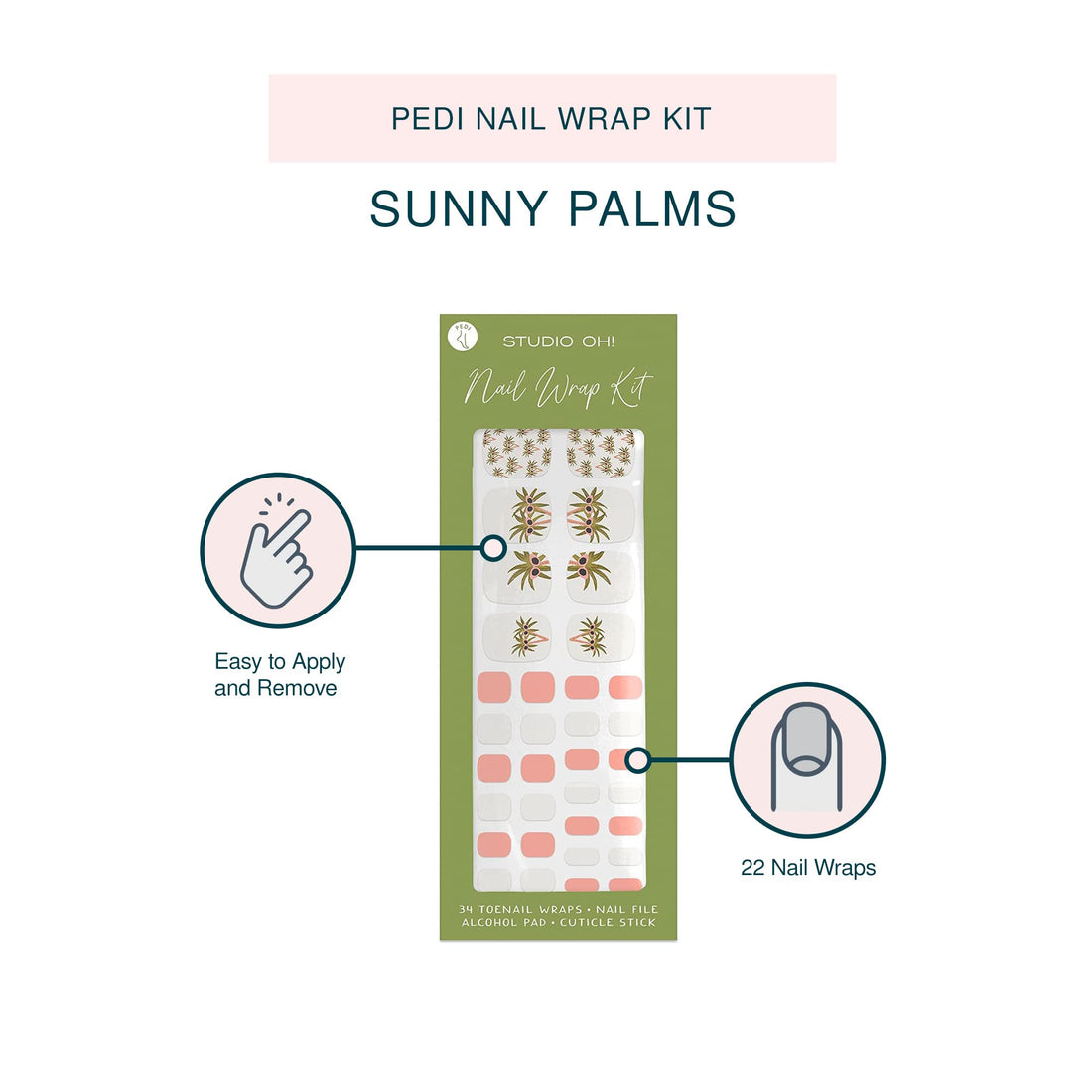 Studio Oh! Pedi Nail Wrap Kit - 22 Decorative Nail Wraps & Stickers, Various Designs & Colors with Application Tools - Easy Apply, Lasts up to 1 Month, Chip-Resistant - Sunny Palms