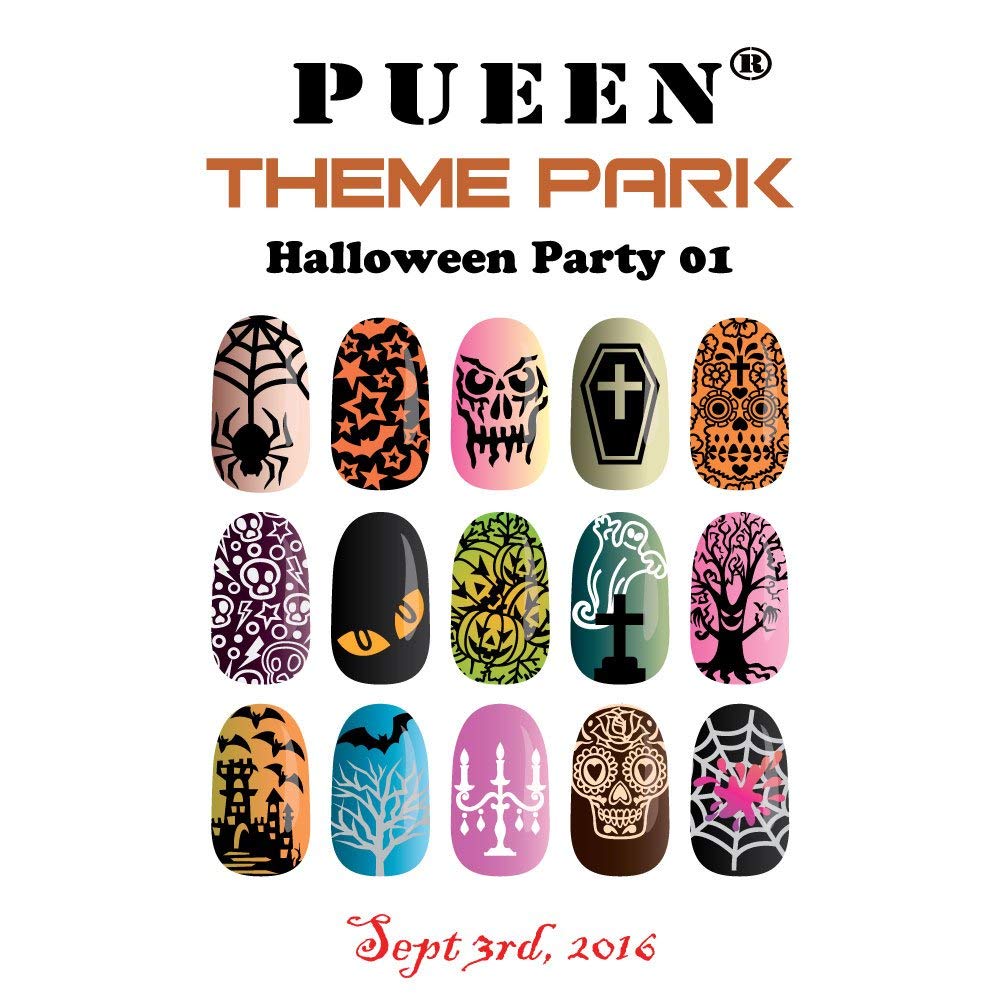 PUEEN Nail Art Stamping Plate - Halloween Party 01 - Theme Park Collection 125x65mm Unique Nailart Polish Stamping Manicure Image Plates Accessories Kit - BH000725