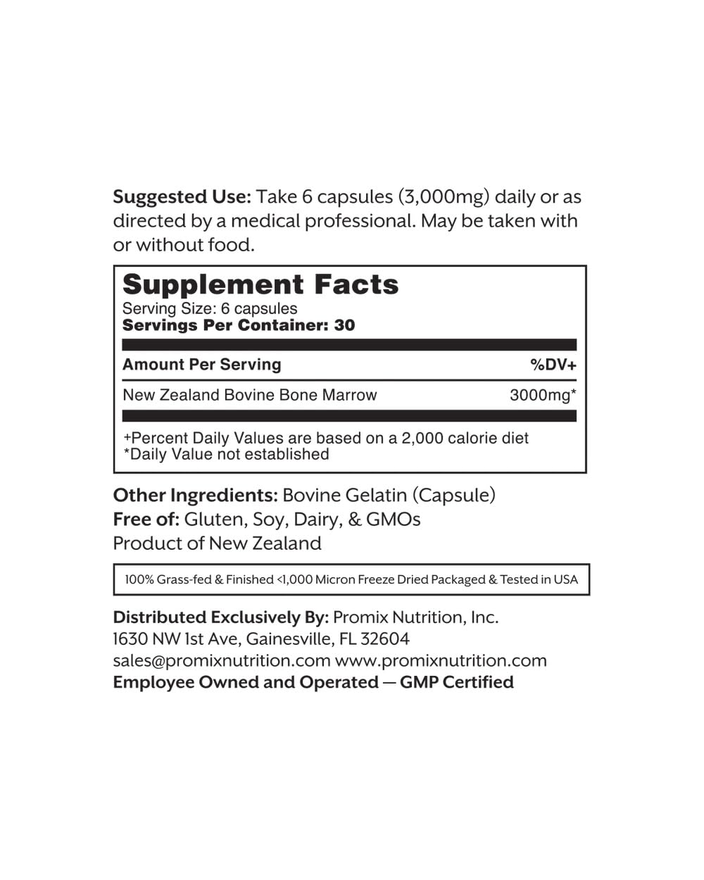 ProMix Nutrition Grass-Fed Beef Bone Marrow Supplement | Rich in Collagen, Vitamins & Minerals - Raw & Freeze Dried | - 180 Gelatin Capsules