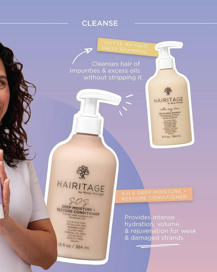 Hairitage Gentle Daily Moisture Shampoo and Conditioner Set - Split End + Bond Strengthening for Dry, Damaged Hair with Jojoba Oil - Anti-Frizz and Color Safe - Cherry + Amber Scent (13oz. 2-pack)