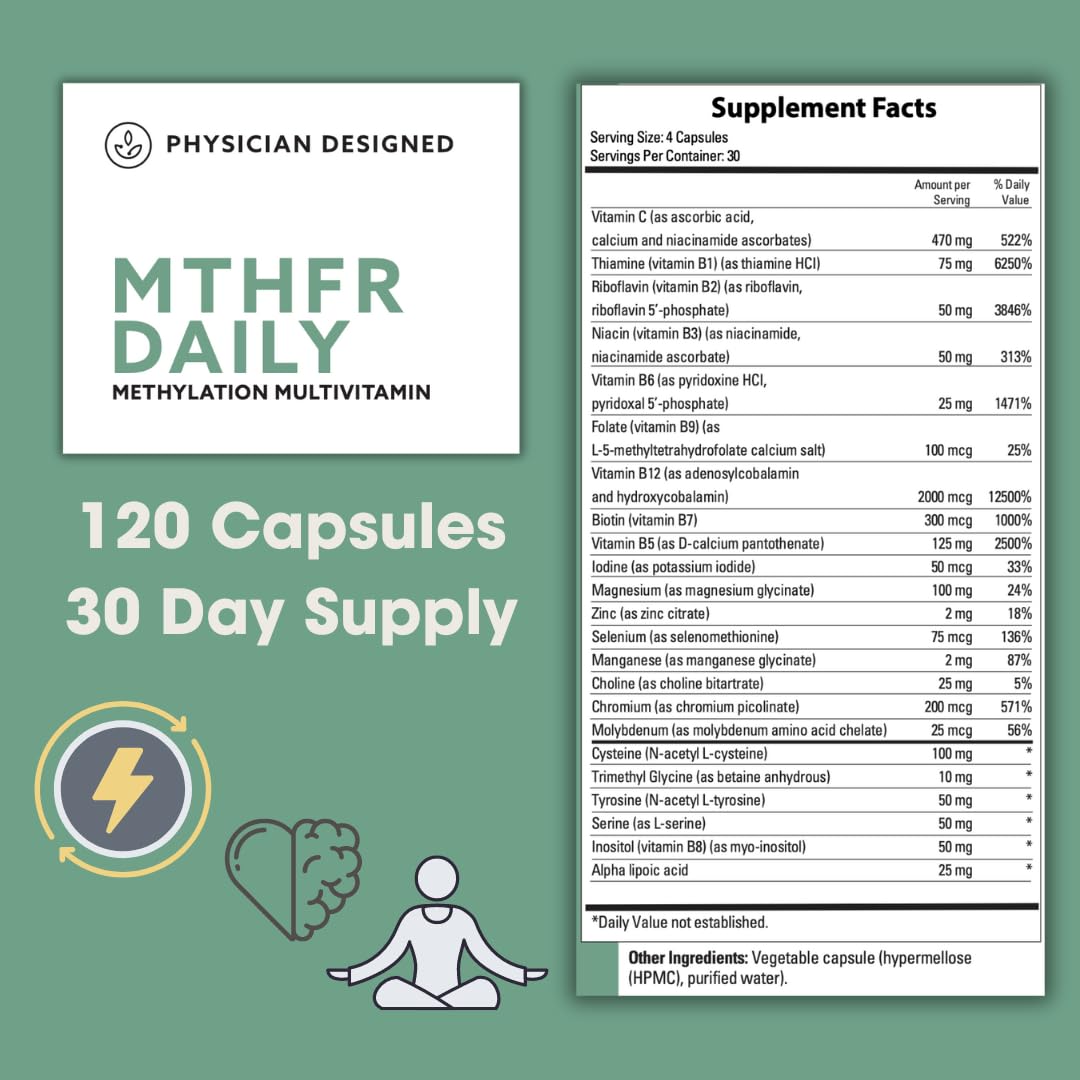 Physician Designed MTHFR Daily Multivitamin | Methylated Multivitamin for Men & Women | for Energy, Mood, & Heart | Vitamin B-Complex | 120 Capsules