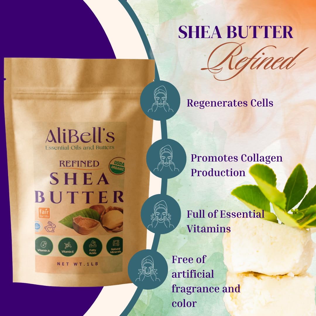 AliBell's- Refined Shea Butter -1 LB - Organic Shea butter - Unscented - Soap Making Supplies - Moisturizer for Dry Skin, for Tough, Cracking and Chafing- Manteca de Karite Organica Pura