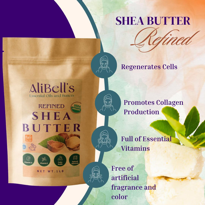 AliBell's- Refined Shea Butter -1 LB - Organic Shea butter - Unscented - Soap Making Supplies - Moisturizer for Dry Skin, for Tough, Cracking and Chafing- Manteca de Karite Organica Pura