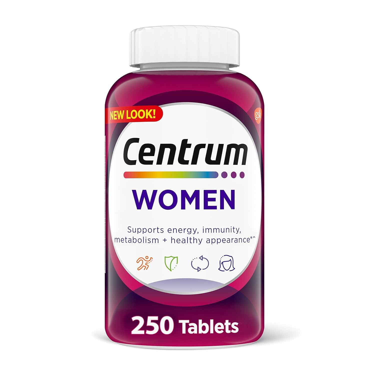 Centrum Multivitamin for Women, Multivitamin/Multimineral Supplement with Iron, Vitamin D3, B Vitamins and Antioxidant Vitamins C and E, Gluten Free, Non-GMO Ingredients - 250 Count
