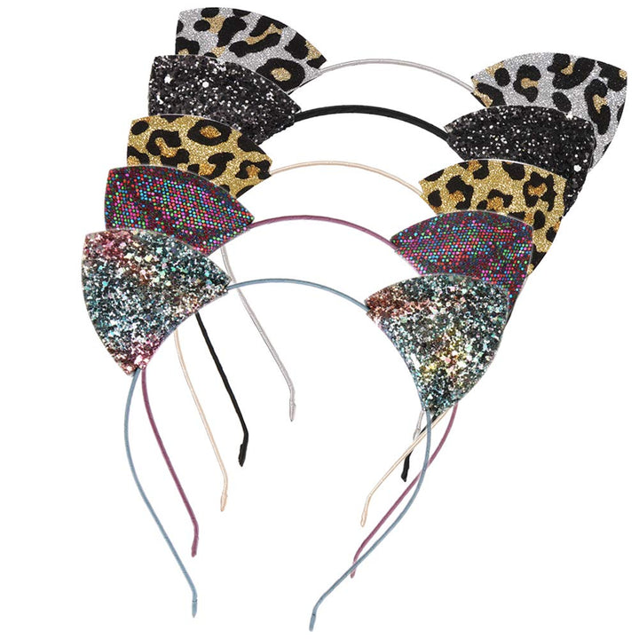 Lirila Delicate Colour Glitter/Leopard Print Cat Ears Hair Headbands Hair Bands Party Decoration for Girls and Women, Assorted Colors, One Size, Pack of 5