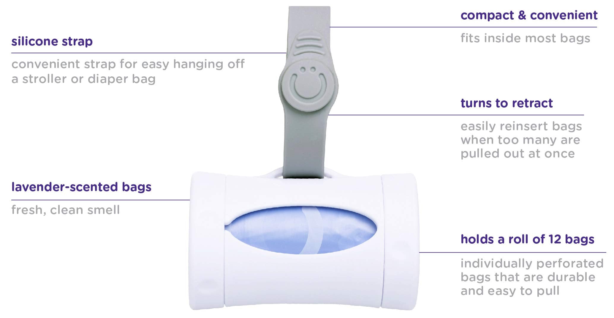 Ubbi Retractable On the Go Bag Dispenser for Baby Travel, Diaper Bag Accessory Must Have for Newborn, Helpful Baby Item, Baby Gift, Lavender Scented, White