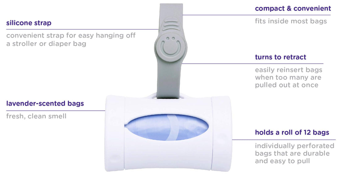 Ubbi Retractable On the Go Bag Dispenser for Baby Travel, Diaper Bag Accessory Must Have for Newborn, Helpful Baby Item, Baby Gift, Lavender Scented, White