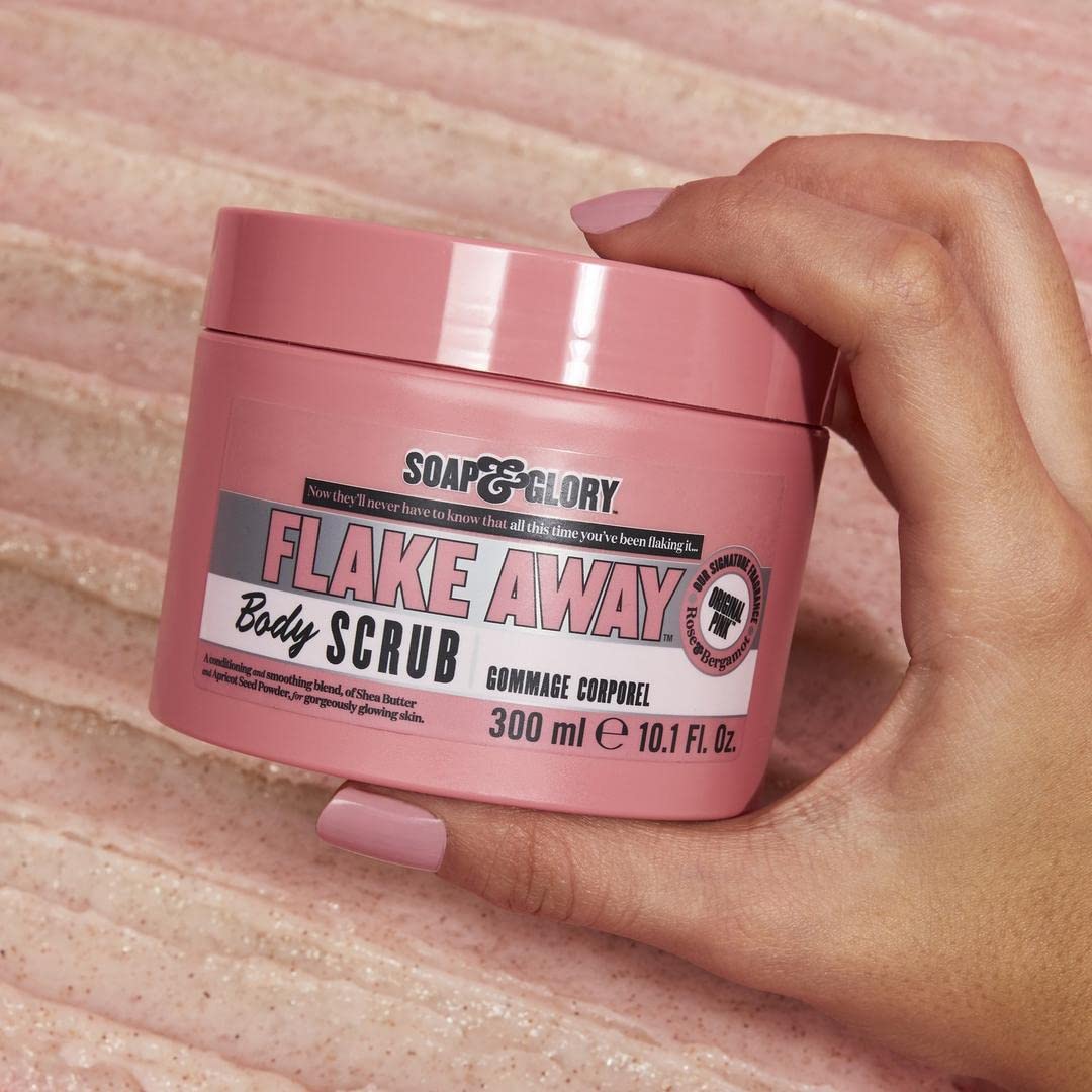 Soap & Glory Original Pink Flake Away Exfoliating Body Scrub - Smoothing & Buffing Vegan Body Scrub - Floral Scented Body Polish with Shea Butter, Sea Salt & Sweet Almond Oil (300ml)