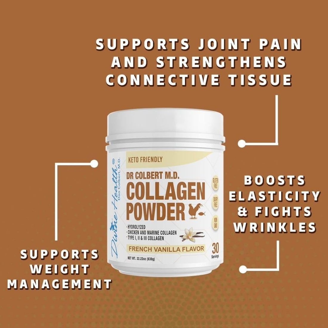 Divine Health Dr. Colbert MD Hydrolyzed Collagen Powder | Vanilla Flavor | Type I, II, III Chicken & Marine Collagen Peptides | Recommended in Keto Zone Diet Book Hair, Skin and Nails