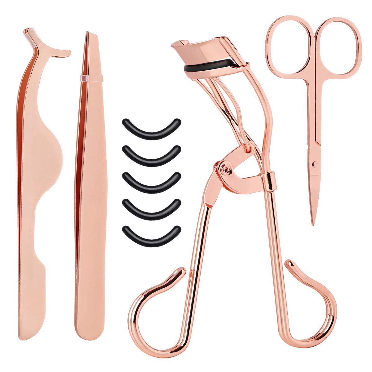 Eyelash Curler, Eyelash Tweezers, Stainless Steel Eyelash Curler, Eyelash Curler Set with 5 Silicone Refill Pads, Eyelash Extension Tweezers, Remover Clip Tweezers Nipper for Various Eye Shape