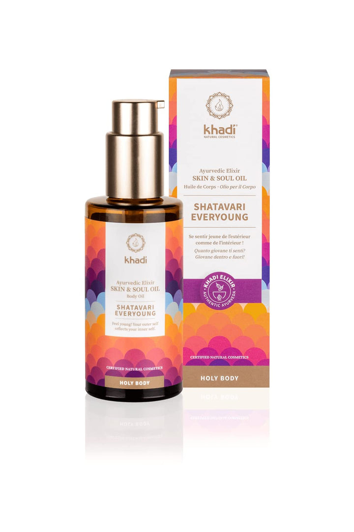 KHADI SHATAVARI EVERYOUNG Ayurvedic Elixir Skin & Soul Body Oil, 100% Natural, Herbal & Vegan, Firming oil for your skin, refines, renews, and promotes elasticity, 3.38 oz