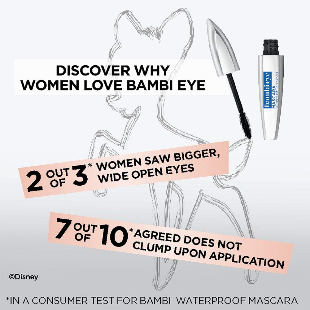 L'Oreal Paris Makeup Bambi Eye Mascara, Lasting Volume, Length & Lift, Doe-Eye Definition, No Clumping or Smudging, Waterproof, Blackest Black, 0.21 Fl Oz