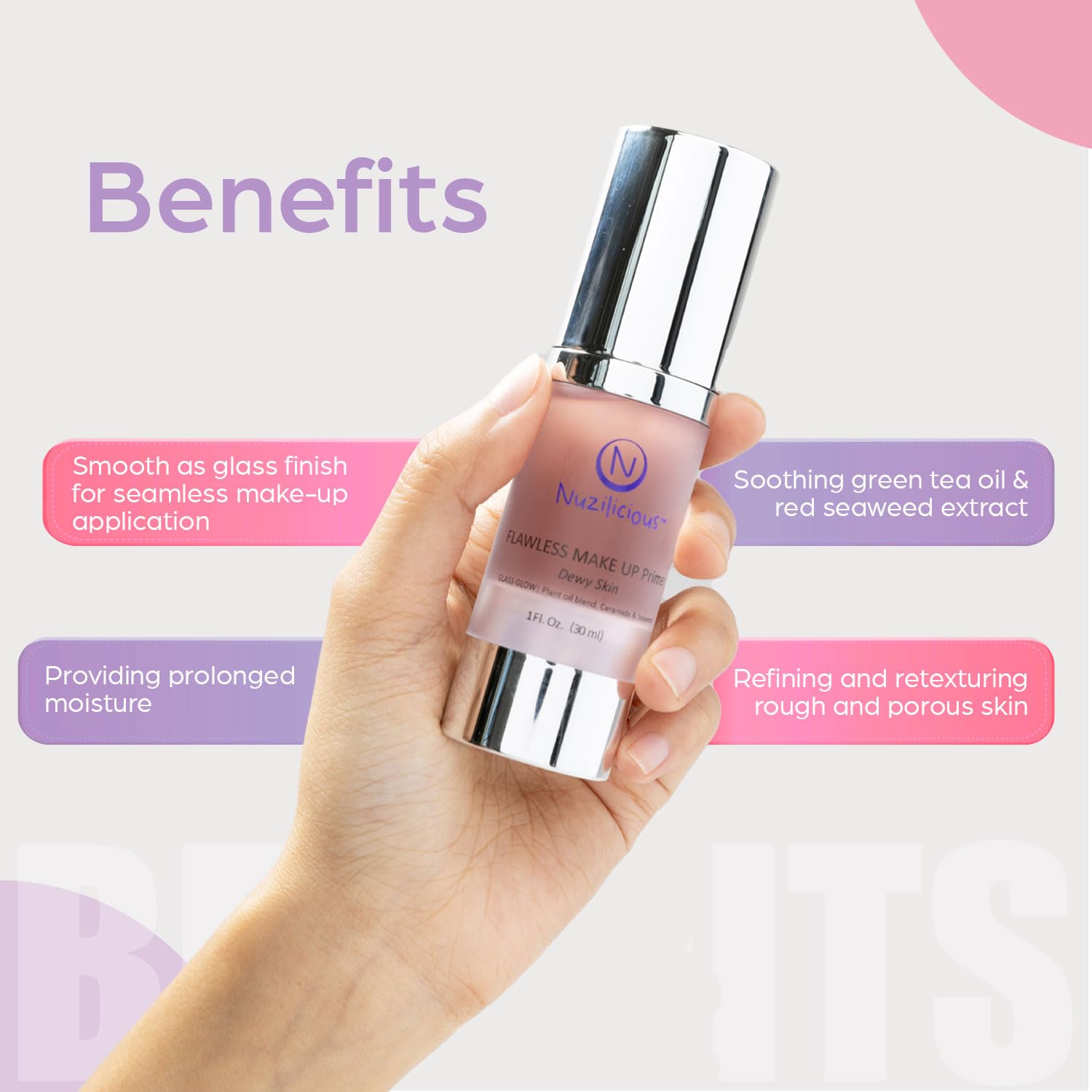 Nuzilicious Professional Grade Flawless Makeup Primer – Achieve Dewy Skin & Effortlessly Blend Makeup with Luxurious Plant Oil Blend, Ceramide & Seaweed Extracts, Vegan & Cruelty-Free, 1 oz