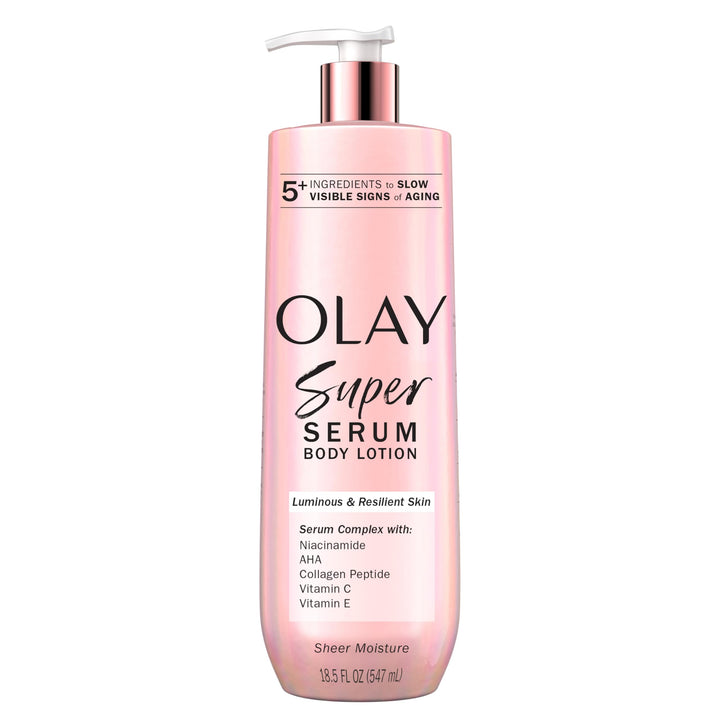 Olay Super Serum Hand & Body Lotion for Dry Skin, 24hr Long Lasting Hydration, 5+ Ingredient Serum Complex for Bright Even Firm Luminous Skin, Sweet Vanilla & Soft Wood Scent, 18.5 fl oz