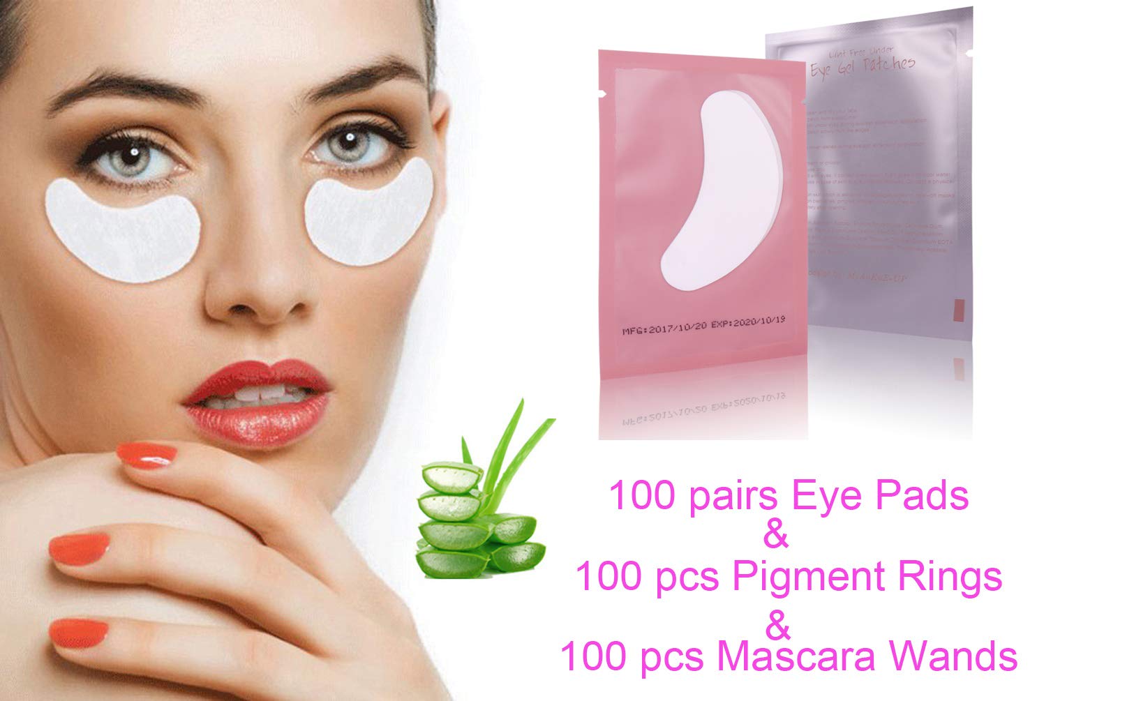 Voncasen 3X100 Packs- Lint Free Lash Extension Eye Gel Patches& Glue Rings Holder Eyelash Extension Rings& Eyelash Mascara Brushes Wands