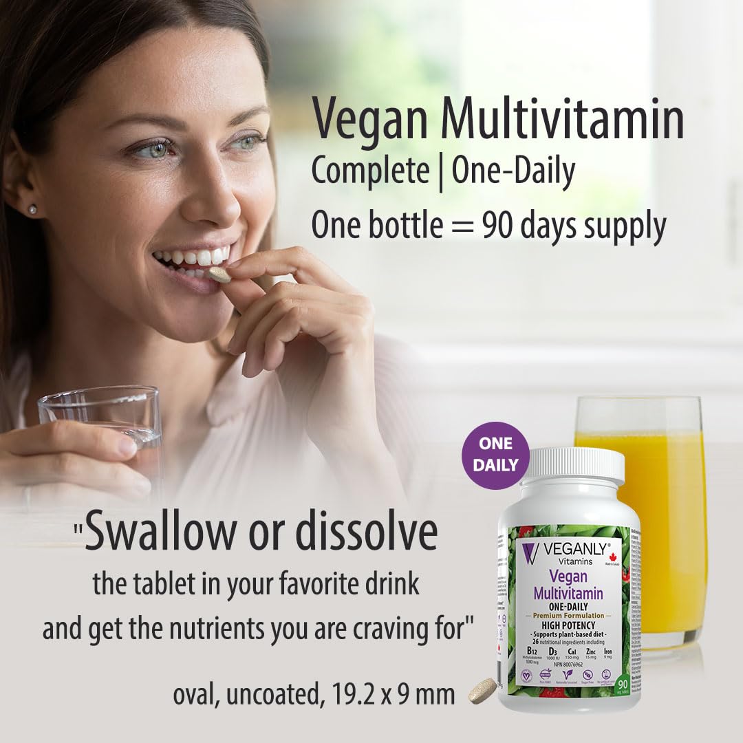 VEGANLY Vitamins Vegan Multivitamin One-Daily, (90 Veg Tablets). Complete Vegan Nutrition Support for Plant-Based, Vegan or Vegetarian Diets. 26 Essentials with High Potency in B12 & D3.