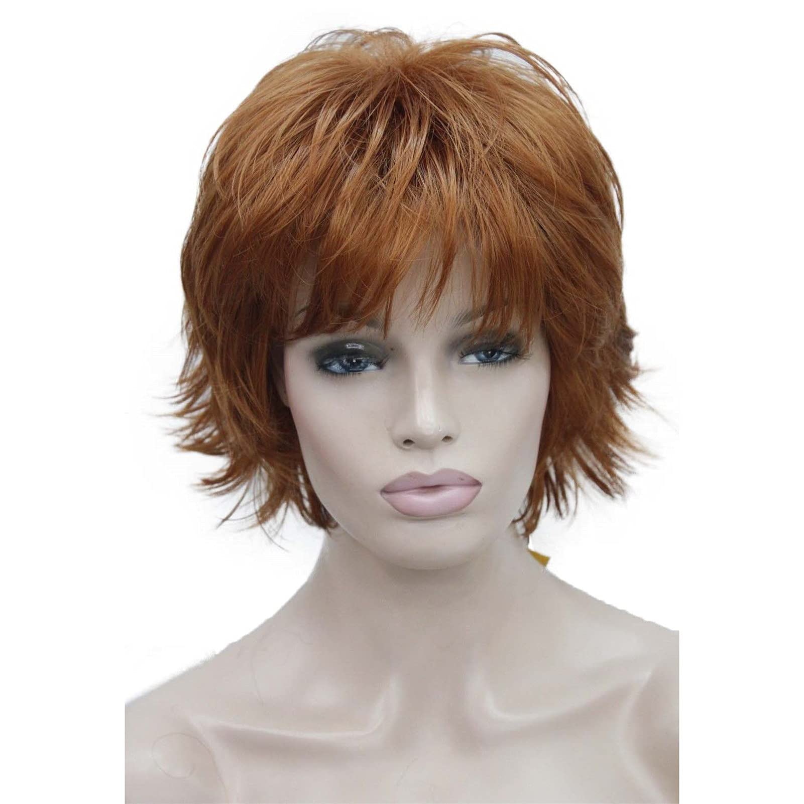 Orange: Wiginway Short Wavy Wig Layered Women Wigs Copper Red Synthetic Hair Replacement Heat Resistant 6 Inch