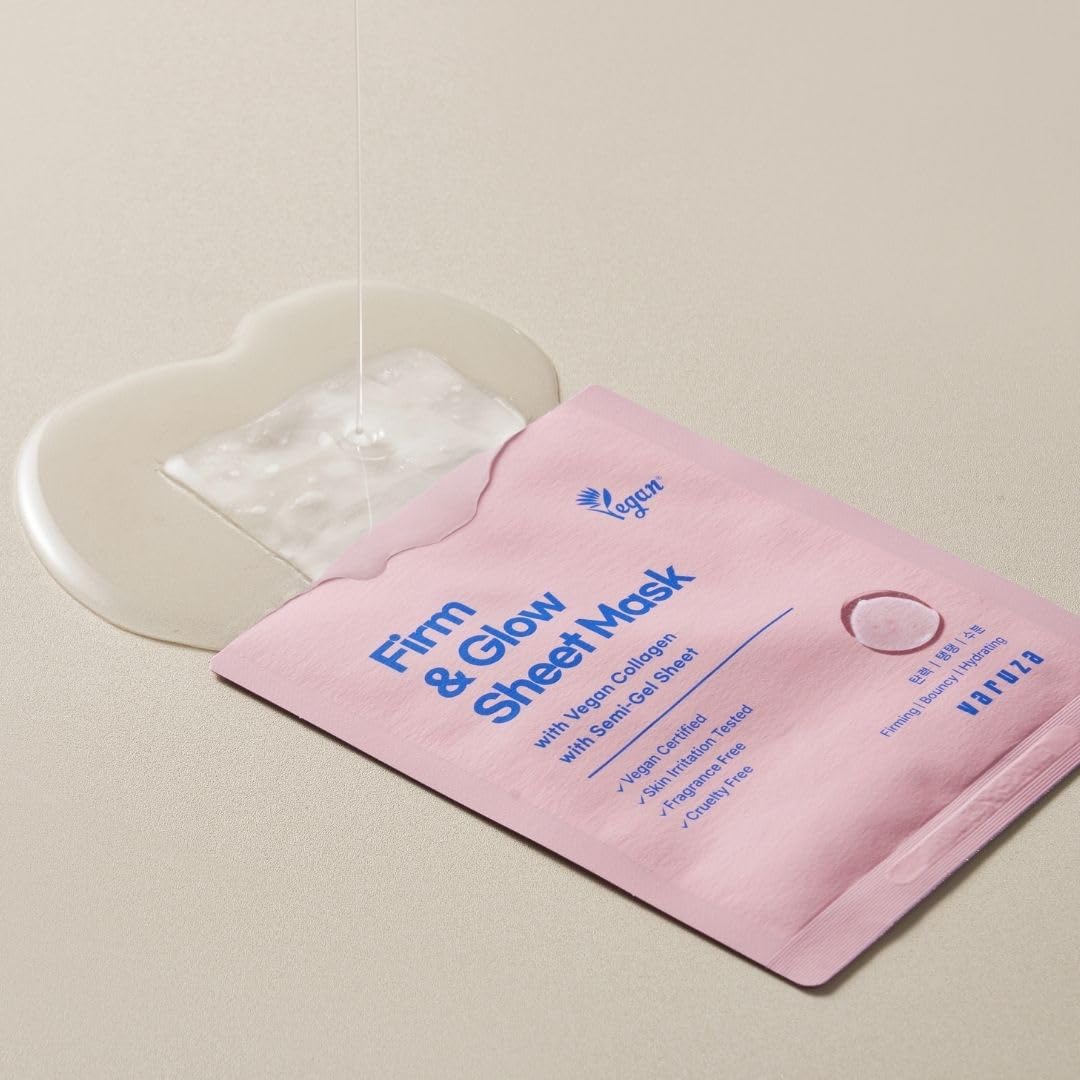 varuza Firm & Glow Sheet Mask with Vegan Collagen Semi-Gel Sheet Biodegradable 100% Cellulose Semi-Gel Sheet for Anti-Aging Hydration Elasticity Peptide Complex-9 Niacinamide 10 Count