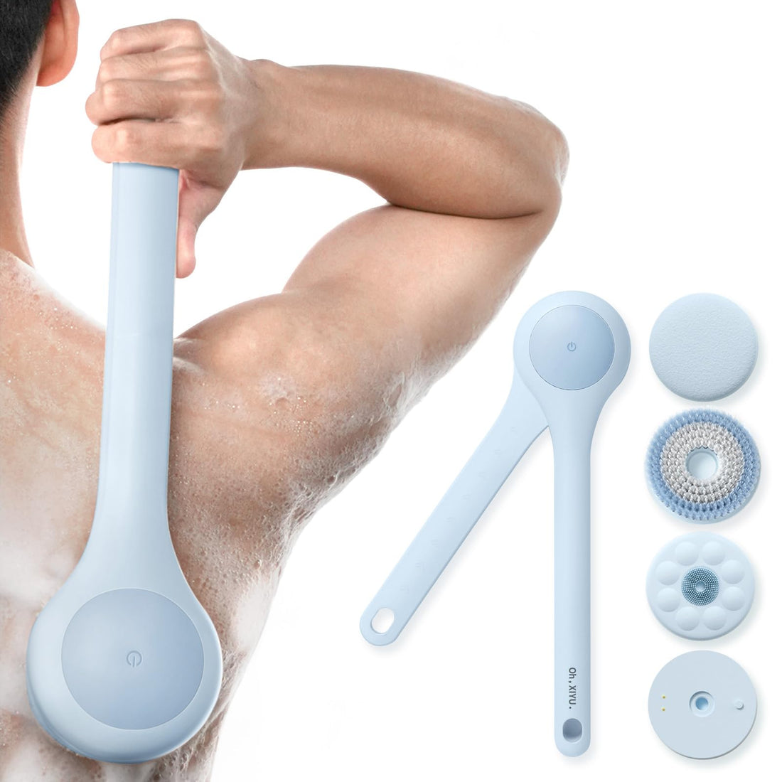 Oh,XIYU. Electric Body Brush Back Scrubber for Shower, Waterproof Long Dual Handle Power Body Scrubber with 3 Heads, Rechargeable Bath Brush & 2 Speeds, for Cleansing, Exfoliating and Massaging Skin