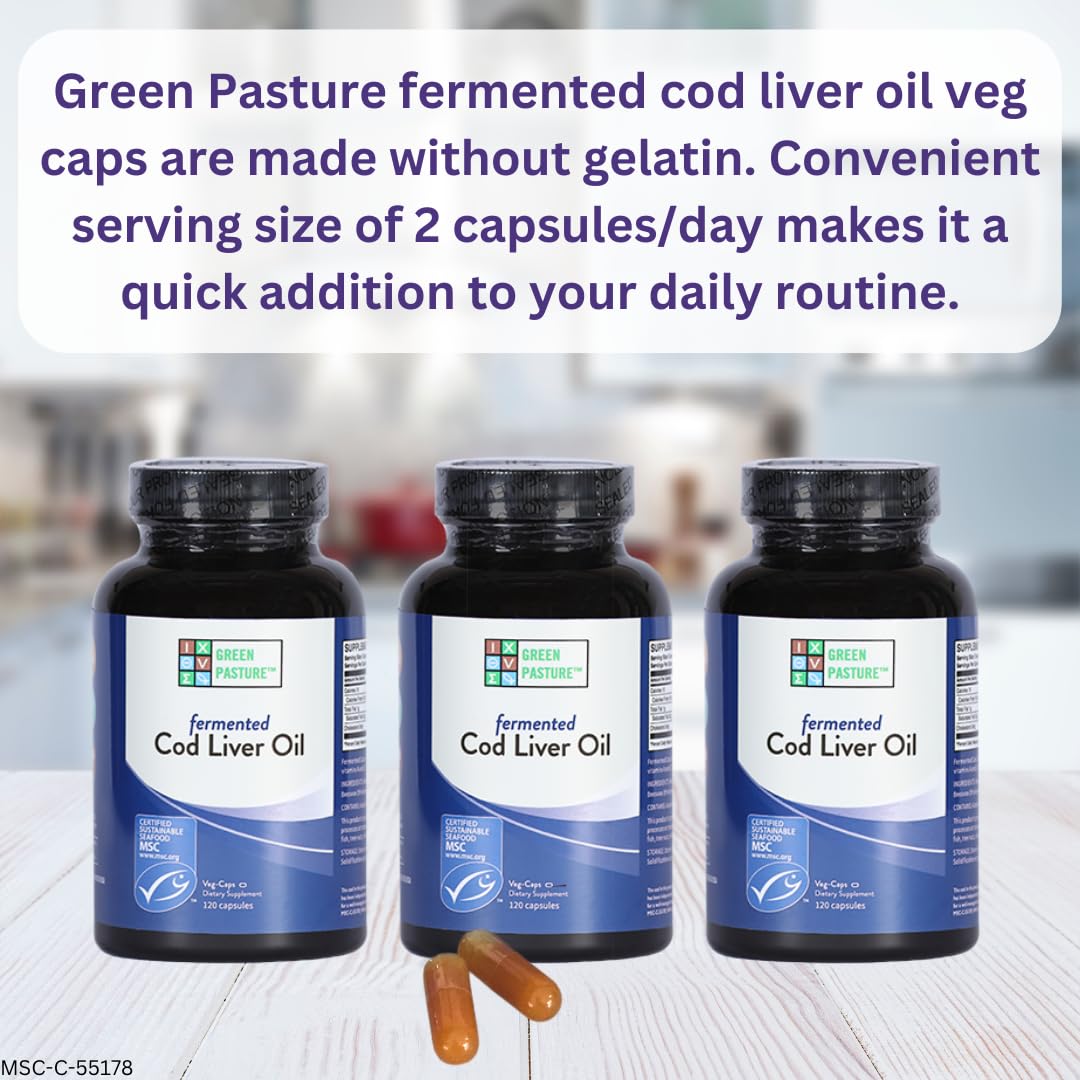 Green Pasture Blue ICE Fermented Cod Liver Oil -Non-Gelatin 120 Capsules