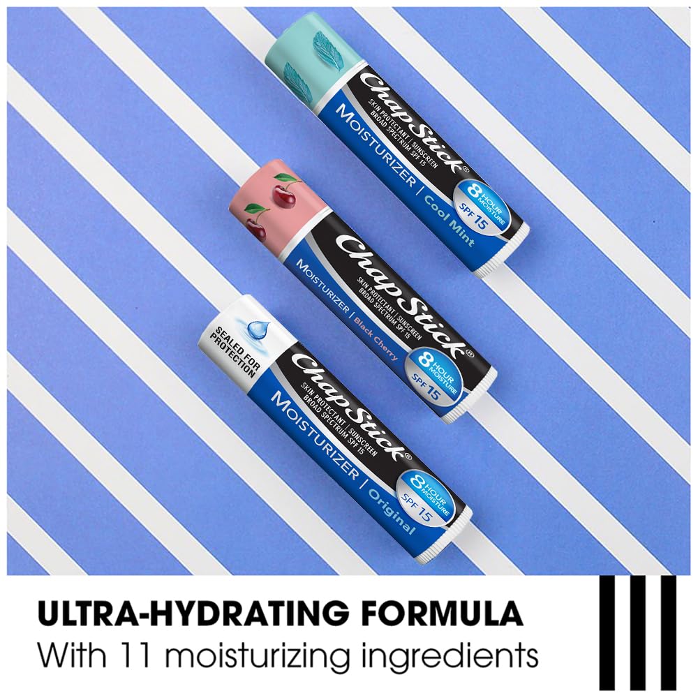 ChapStick Lip Balm Moisturizer 2-in-1 Lipcare SPF 15 Bundle – Original, Black Cherry, and Cool Mint, 0.15 Oz Ea (5 Piece Set)