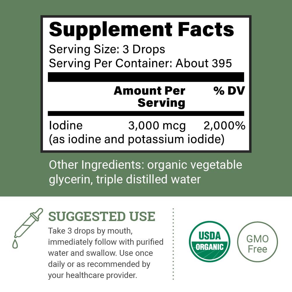 Organic Lugol's Iodine, Iodine and Potassium Iodide 2% Solution 3000 mcg - Liquid Supplement Drops for Thyroid Support for Women & Men, Metabolism Health, Detox Boost - Non-GMO, 395 Servings (2 Oz)