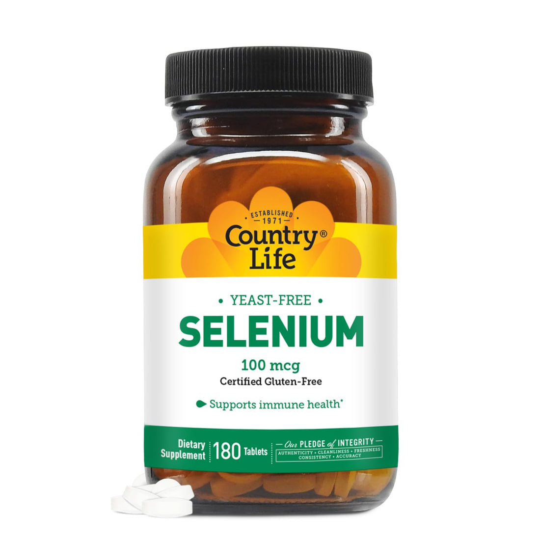 Country Life Selenium, Yeast Free, Supports Immune Health, 100mcg, 180 Tablets, Certified Gluten Free, Certified Vegan, Certified Halal