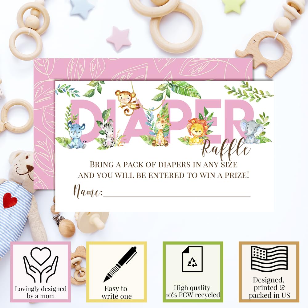 Watercolor Jungle Animals Diaper Raffle Tickets for Girl Baby Showers, 20 2 X 3” Double Sided Insert Cards for Games by AmandaCreation, Bring a Pack of Diapers to Win Favors & Prizes!