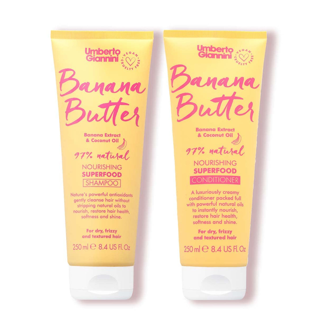 Umberto Giannini Banana Butter Nourishing Superfood Shampoo & Conditioner Set, Vegan & Cruelty Free Moisturising Formula for Dry, Textured or Frizzy Hair