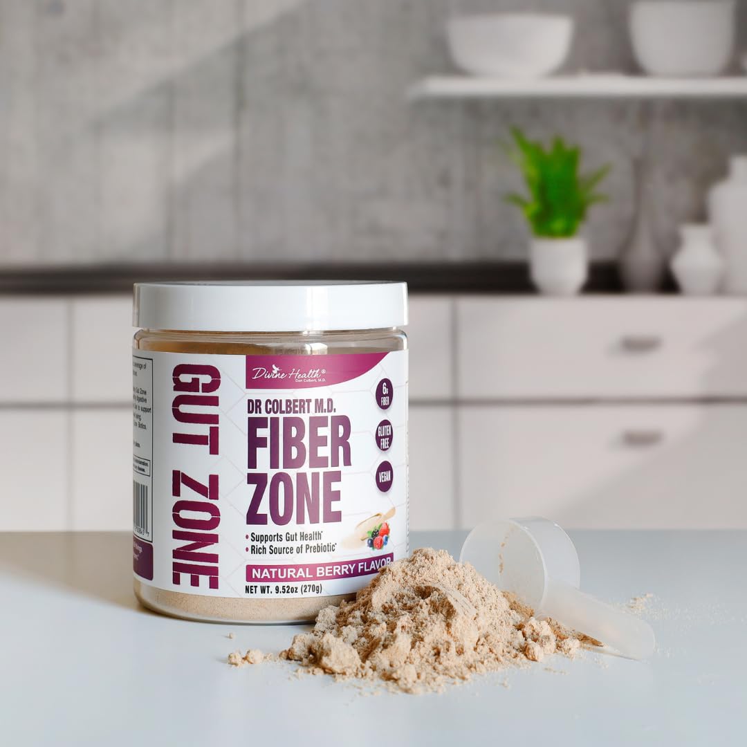 Divine Health Fiber Zone Powder | Berry Flavor | Recommended in Dr. Colbert's Gut Zone Book | Prebiotics, Isoluble & Soluble | Psyllium Husk & Inulin | 6g Fiber | 9.52 oz