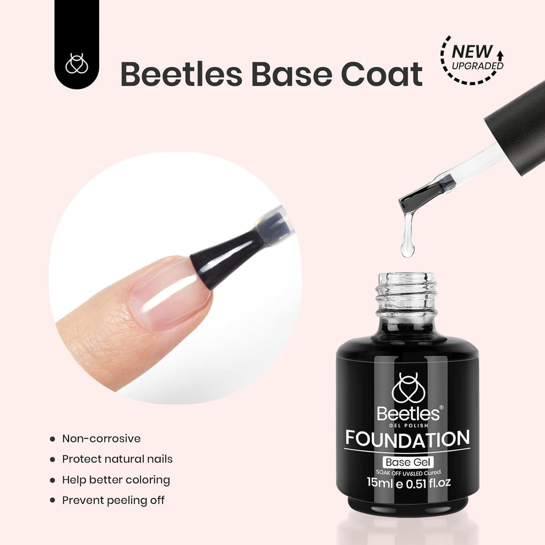 Beetles Matte Gel Top Coat No Wipe Top Coat Gel Nail Polish & Base Coat Set, 3Pcs 15ml Nail Polish Long Lasting Basic Combination, Soak Off LED Nail Lamp Art DIY Design Gifts for Women Her