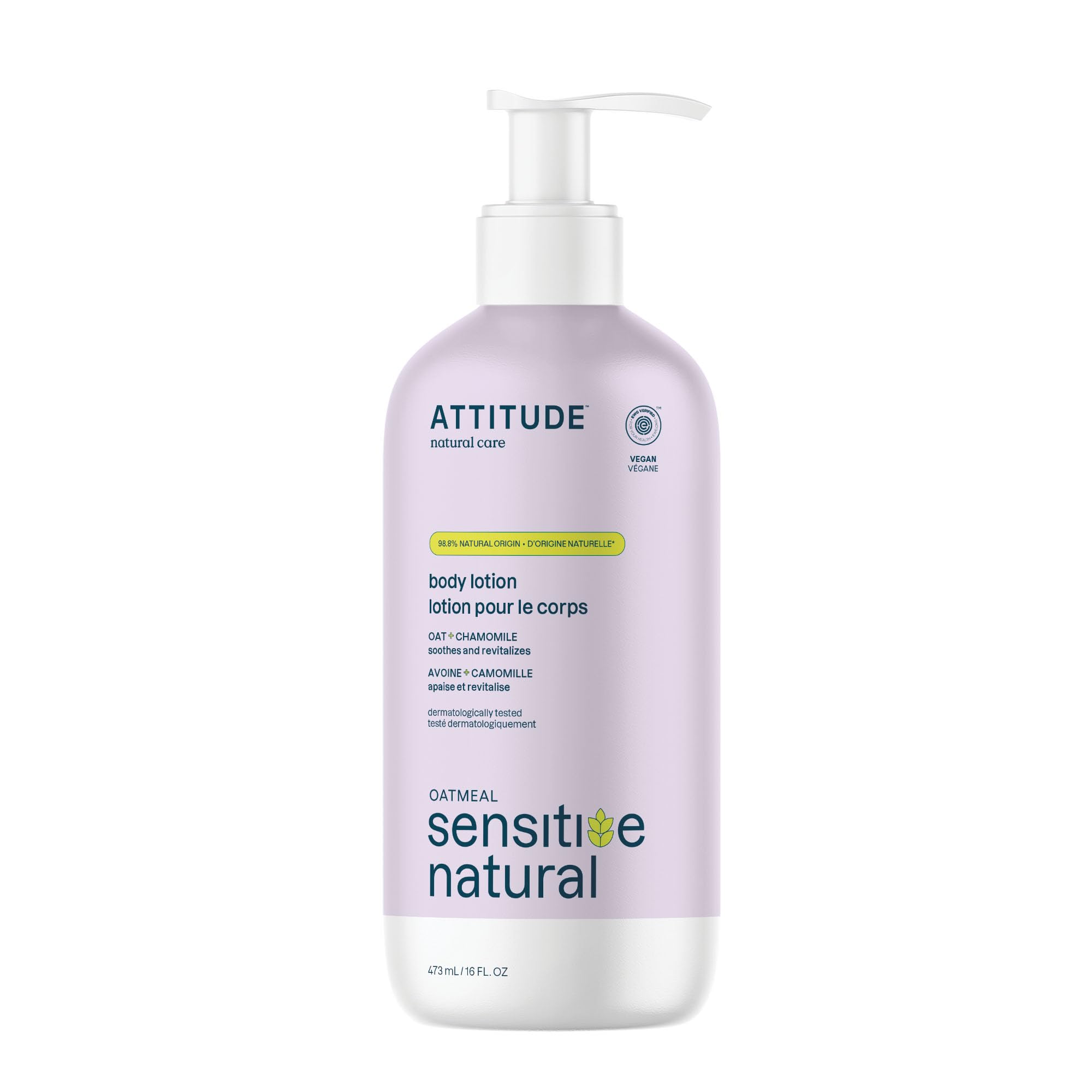 ATTITUDE Soothing Body Lotion for Dry & Sensitive Skin, With Oatmeal, EWG Verified, Dermatologist-tested & Hypoallergenic, Vegan & Cruelty-free Body Moisturizer, Chamomile, 16 Fl. Oz.