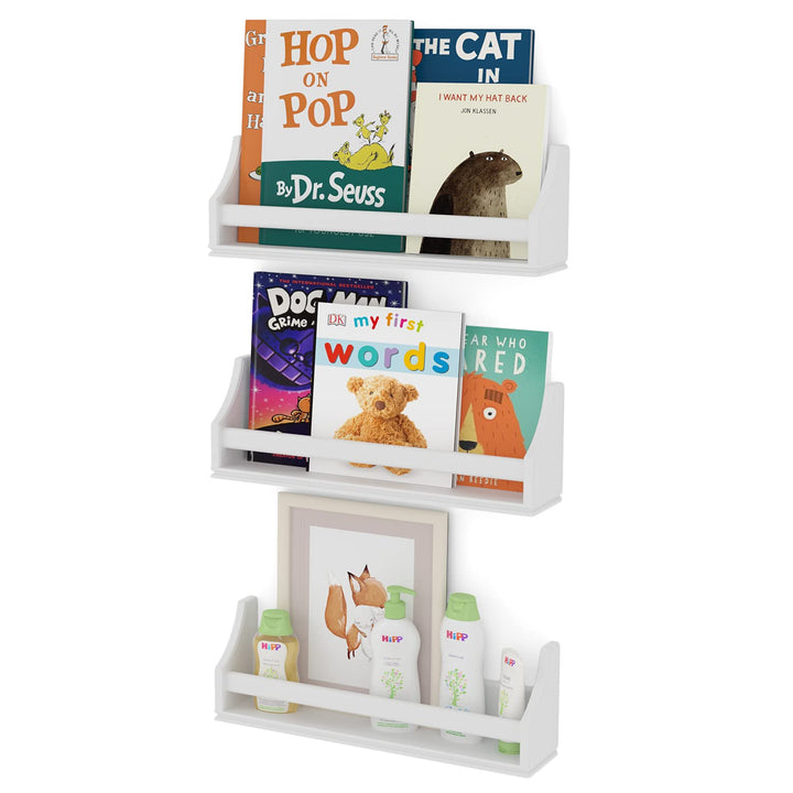Nursery Décor Wall Shelves – 3 Set Shelf - Crown Molding Floating Bookshelves for Baby and Kids Room Book Organizer Storage Ledge, Display Holder for Toys, CDs, Baby Monitor, Frames