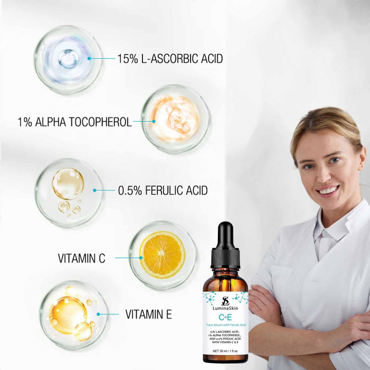 LuminaSkin Vitamin C Face Serum Vitamin CE Serum with Ferulic Acid for Women Vitamin E and Ferulic Serum Skin Care - Vitamin C Serum for Face - Dark Spot Corrector, Anti Aging Face Care 1 Oz