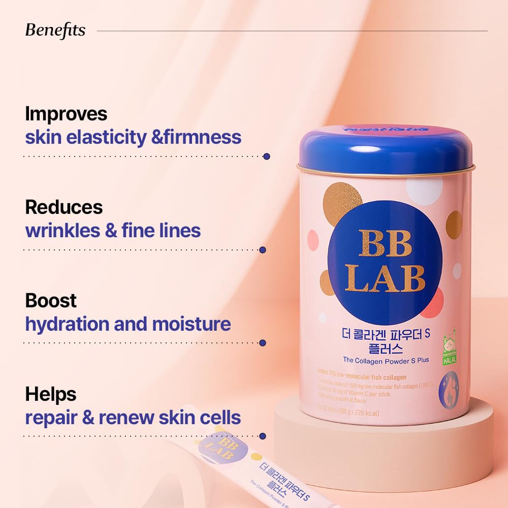 BB LAB Collagen Powder S Plus Halal, Low Molecular Korean Collagen Powder Stick Supplement, Marine, Fish Collagen Peptides, Vitamin C, Glycine, Fast Absorption, Grapefruit Flavor