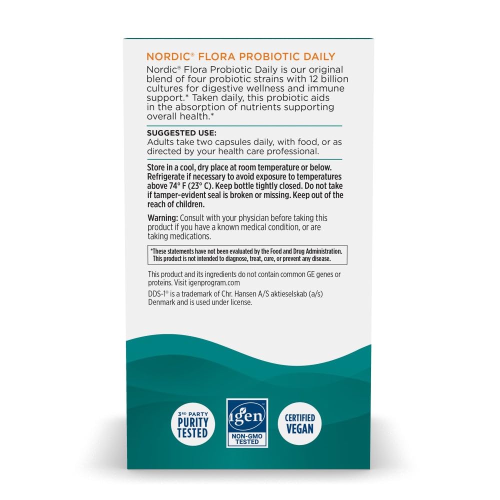 Nordic Naturals Nordic Flora Probiotic Daily - 60 Capsules - 4 Probiotic Strains with 12 Billion Cultures - Optimal Wellness, Immune Support, Digestive Health - Non-GMO, Vegan - 30 Servings