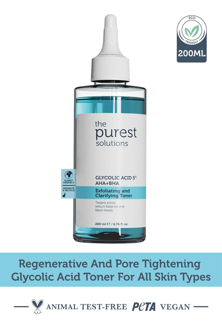 The Purest Solutions Exfoliating and Clarifying Toner (Glycolic Acid 5% AHA + BHA) - for All Skin Types - Balance Sebum Secretion - Reduce Pores Appearance - Vegan | Cruelty Free (6.76 fl. oz)