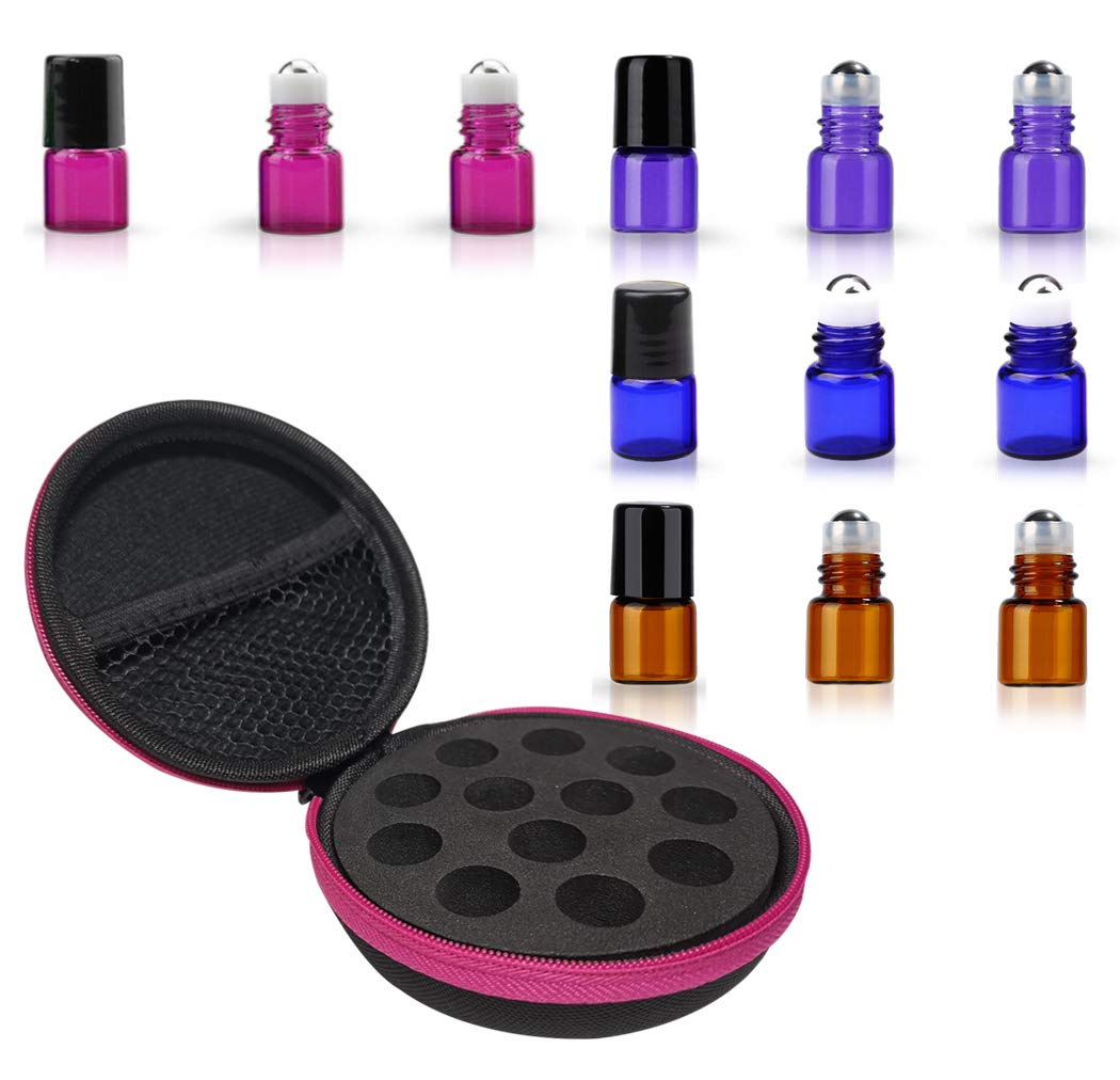 Round Hard Shell Case for 1/4 5/8 DRAM Micro Mini Roll-on Glass Bottles with Metal Roller Balls - Refillable Aromatherapy Essential Oil Roll On (HOLDS 12 VIALS) (1ML Mix bottle)