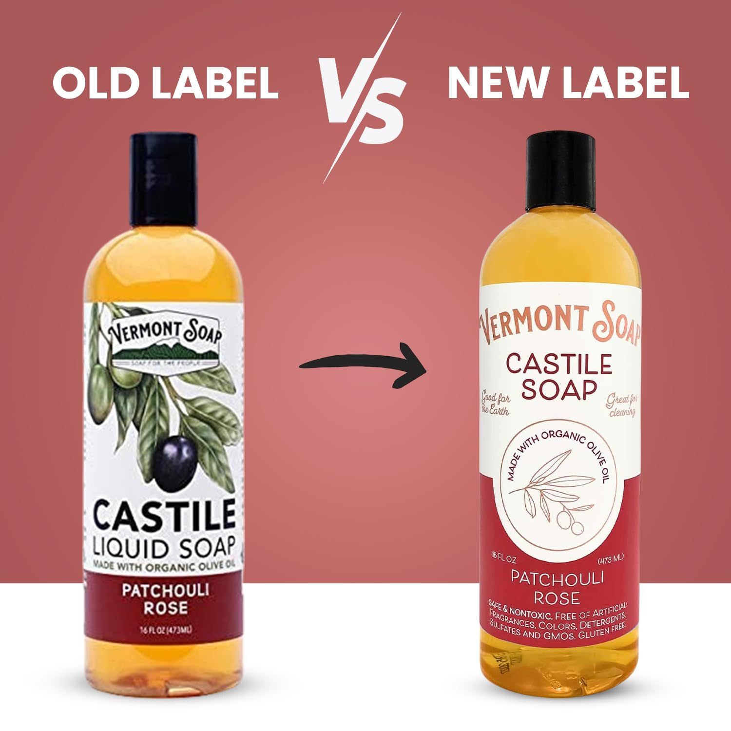 Vermont Castile Soap Patchouli Rose, Gentle Liquid Soap for Sensitive Skin & Natural Body Wash, Organic Hair Shampoo for Oily Hair, Aloe Castile Soap for Men & Women - 16 Oz