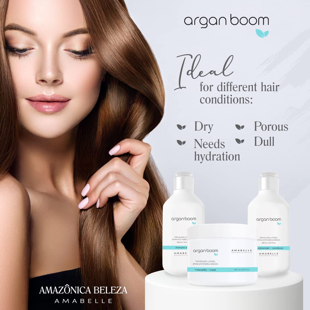 AMAZONICA BELEZA Argan Oil Hair Shampoo, Conditioner and Mask for Intense Moisturizing, Hydrate & Repair Kit for Dry Hair, Kit Hidratante con Oleo de Argan y Vitamina E, (10 Oz/each)