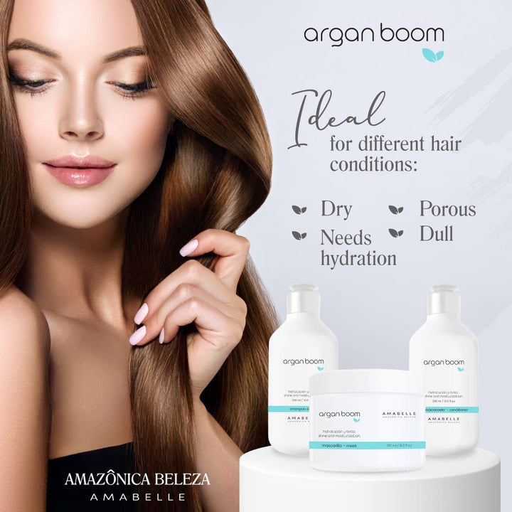 AMAZONICA BELEZA Argan Oil Hair Shampoo, Conditioner and Mask for Intense Moisturizing, Hydrate & Repair Kit for Dry Hair, Kit Hidratante con Oleo de Argan y Vitamina E, (10 Oz/each)