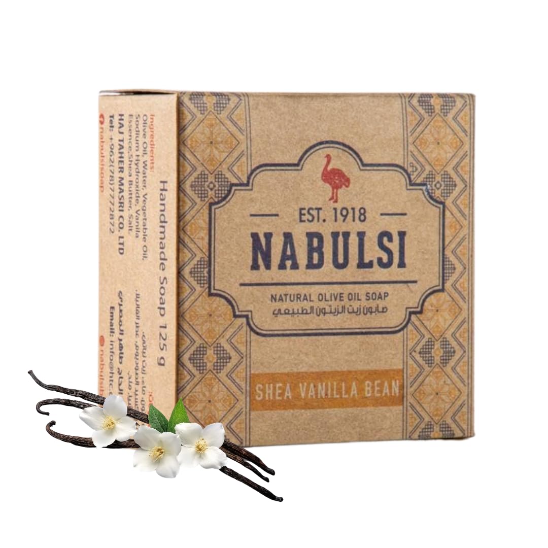 Shammoot Virgin Olive Oil Nabulsi Soap Bar - 1 Pack 4.4 OZ 100% Pure Olive Oil Soap Bar for Face & Body - Traditional Soap with Real Scent - Chemical Free Soap Bar for Men & Women (Shea & Vanilla)