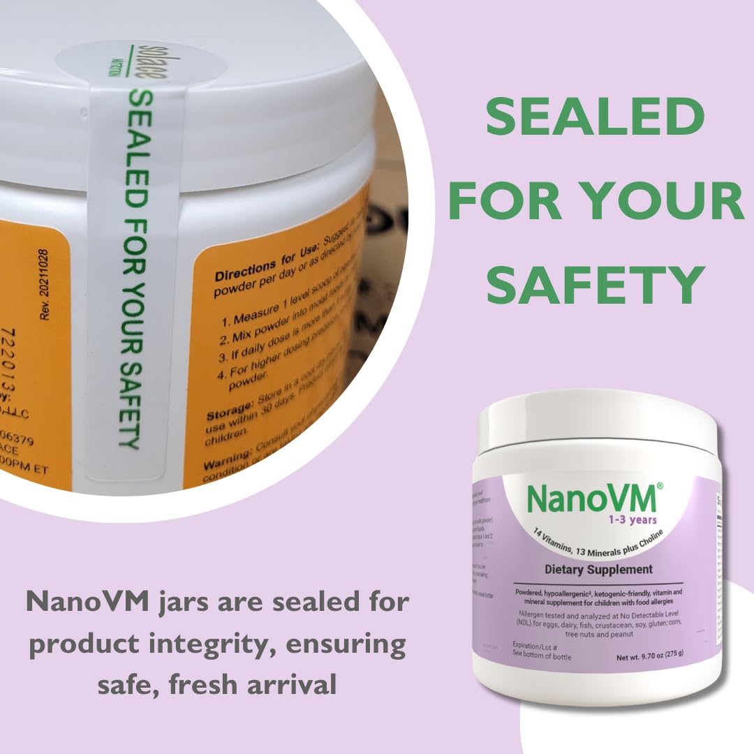 NanoVM 1-3 Years, Allergen-Free Multivitamin for Kids, Unflavored Dietary Supplement, Powdered Supplement with 14 Vitamins & 13 Minerals, Low-Carbohydrate Toddler Vitamins, 275g - Solace Nutrition