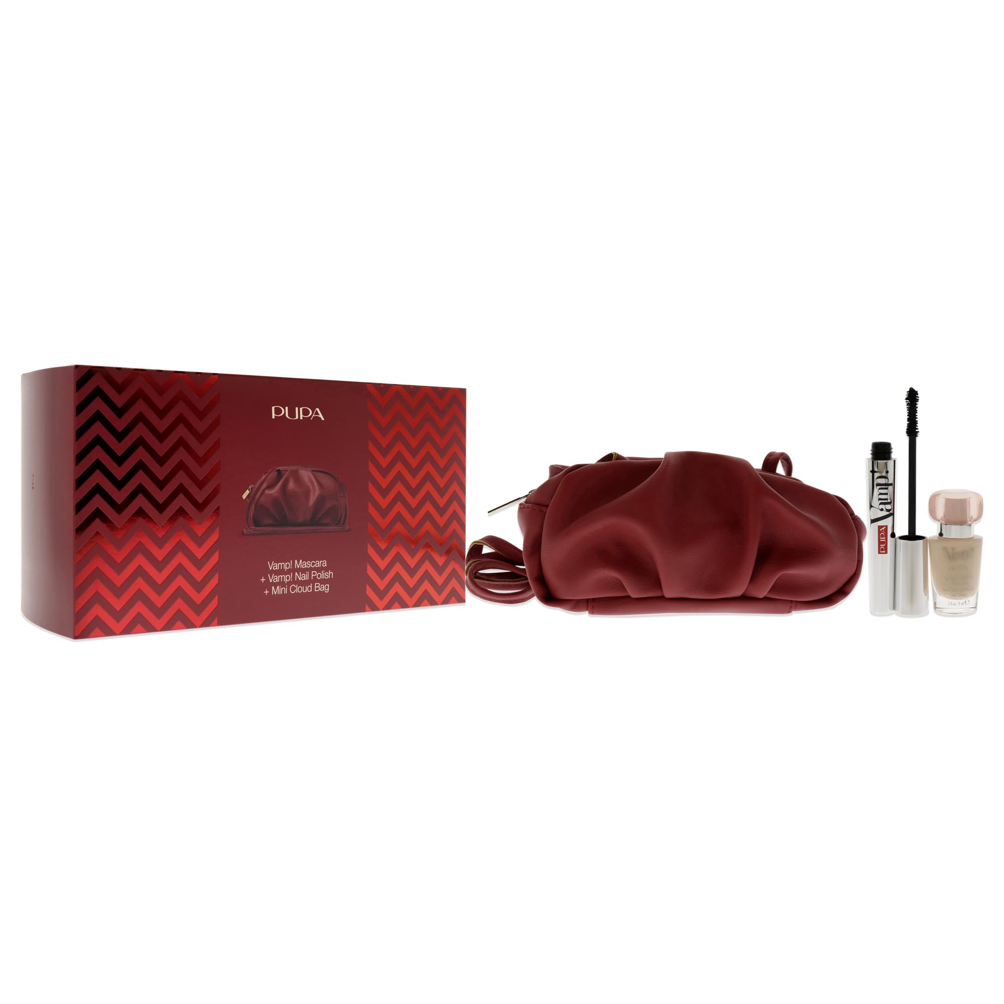 Pupa Milano Vamp! Mascara And Vamp! Nail Polish Set - Volume Mascara And Gel Effect Polish - Thick And Super Dense Lashes - Light Scented Nails - Smudge-Free Hold - Mini Cloud Bag - 3 Pc Mascara Kit