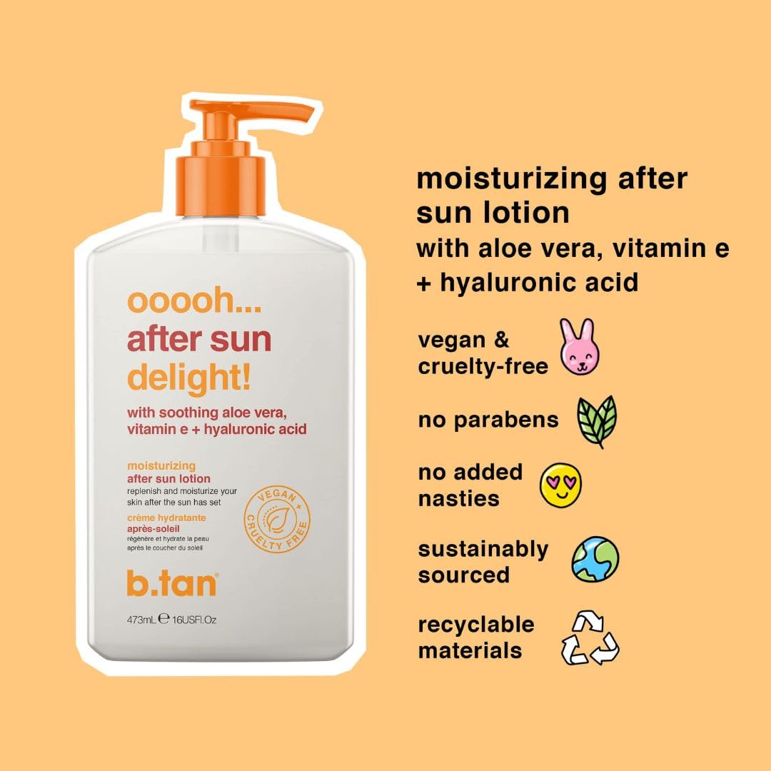 B.TAN After Sun Lotion | Ooooh Aftersun Delight - Aloe Vera & Hyaluronic Acid, Sun Burn Pure Skin Relief, Moisturizing, Soothing, Face & Body Cream, 16 Fl oz